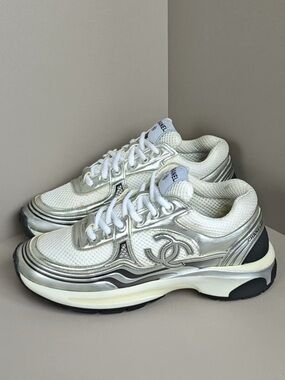 CHANEL White and Silver Mesh & Metallic Runner Sneakers